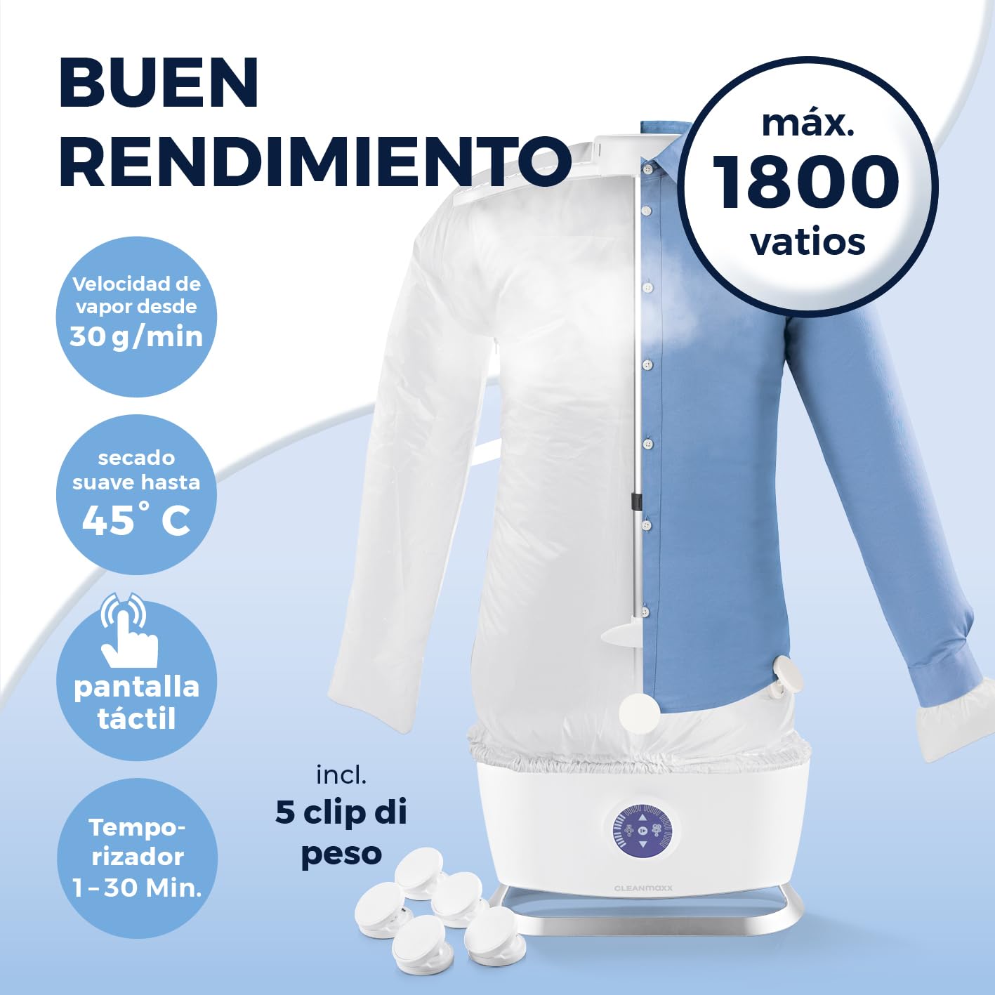 CLEANmaxx Plancha Automática con Vapor | Máquina para camisas, 2 programas, Pantalla táctil